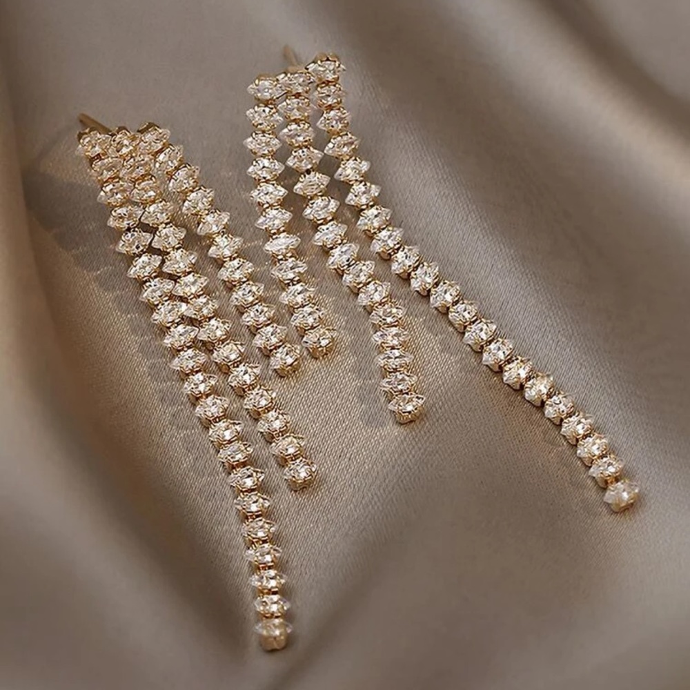Glamorous Cubic Zirconia Tassel Drop Gold tone Holiday, Wedding, Party Earrings